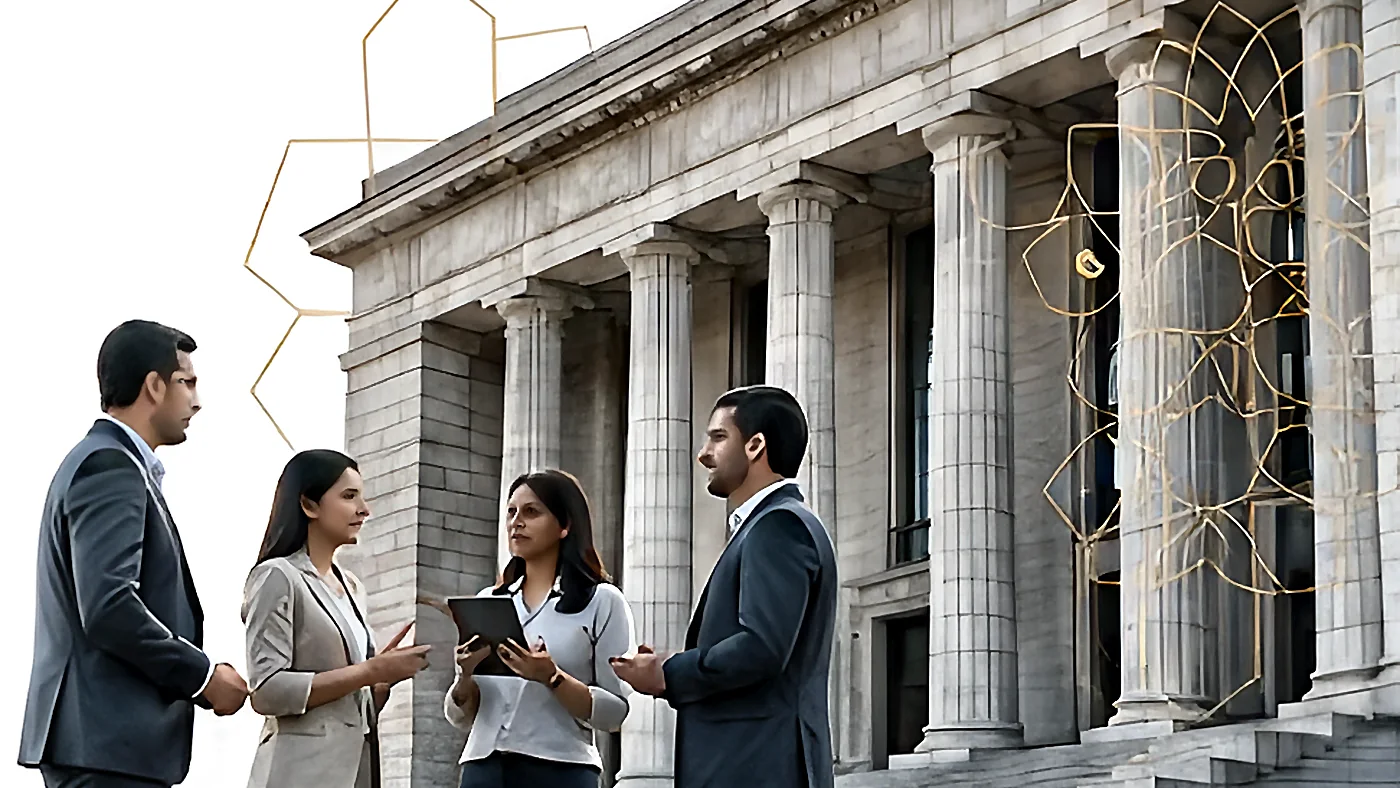 Arittek team meeting outside a civic building