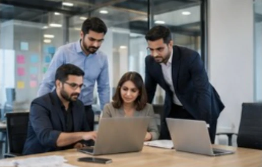 Arittek engineers reviewing a solution together on laptops