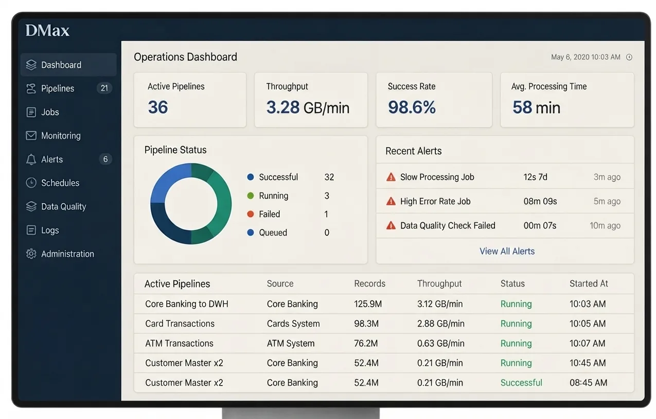DMax operations dashboard showing active pipelines, throughput, success rate and pipeline status