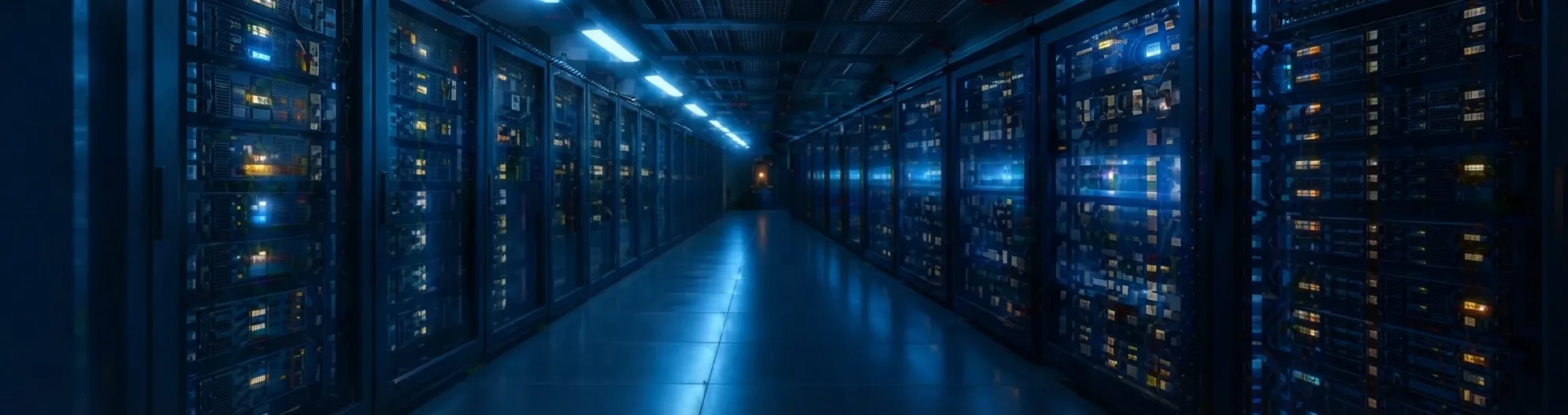 Rows of illuminated server racks in a banking-scale data center
