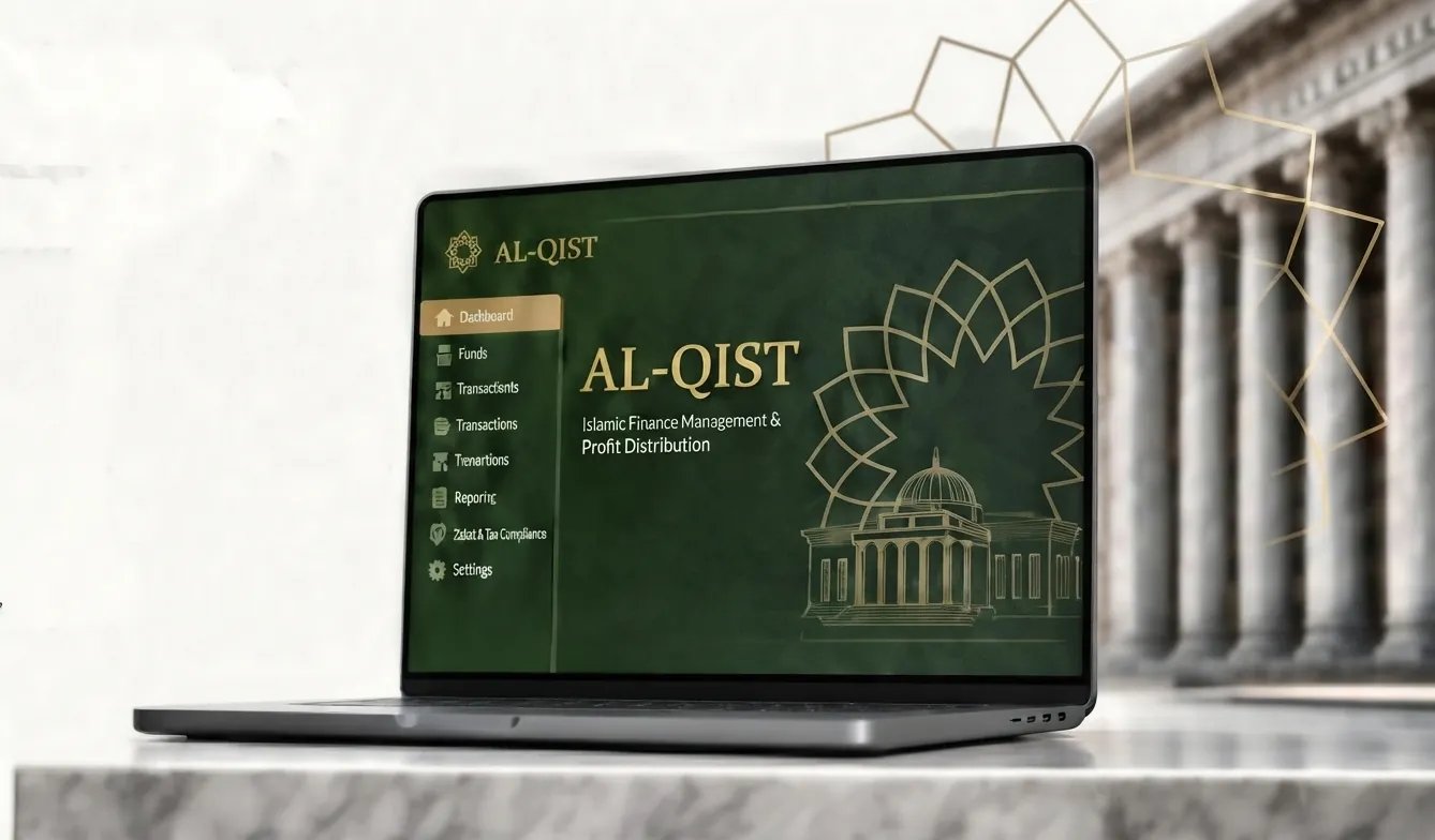 AL-QIST Islamic pool management dashboard shown on a laptop
