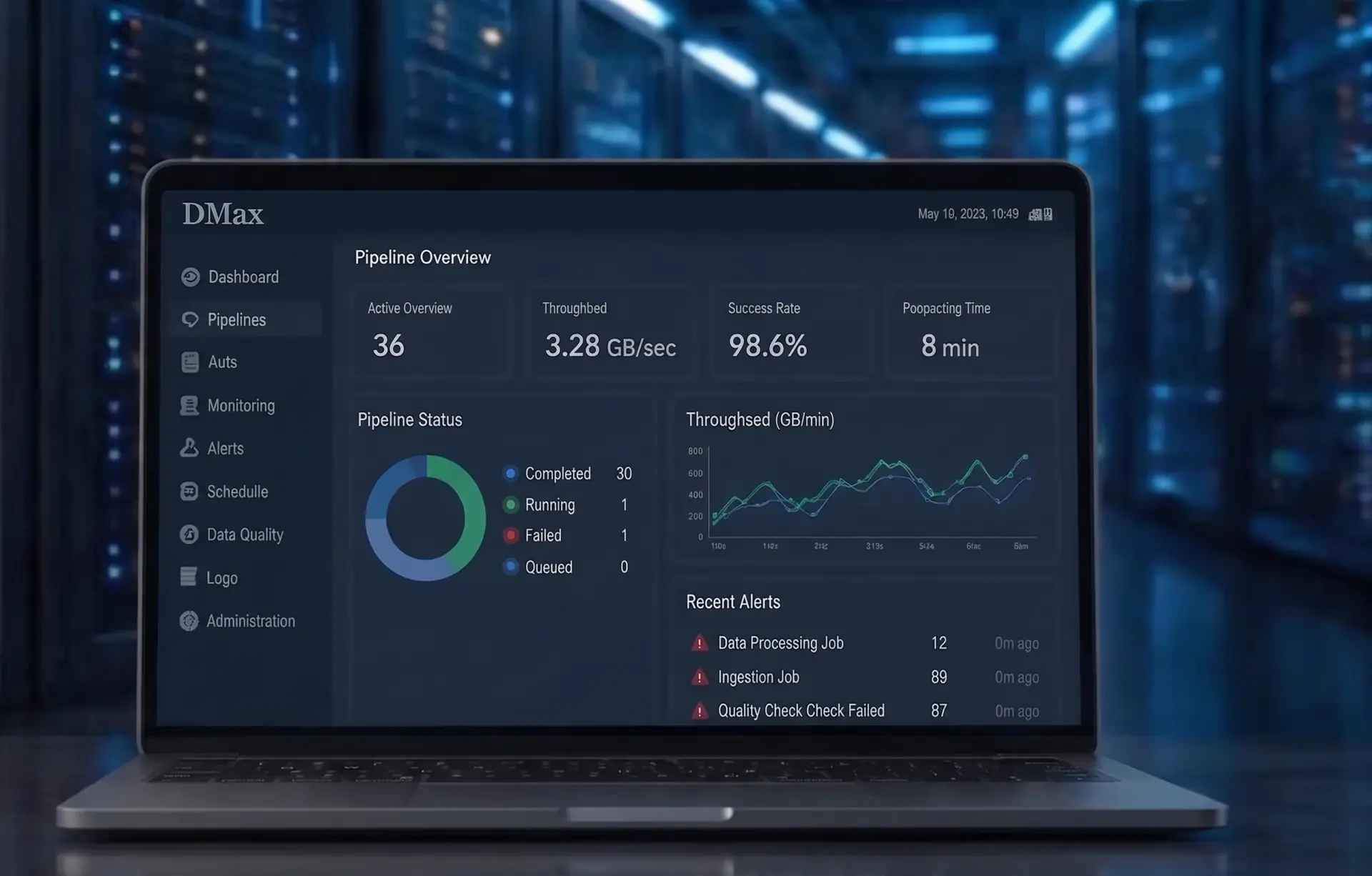 DMax dashboard showing pipeline throughput and processing metrics over a data center backdrop